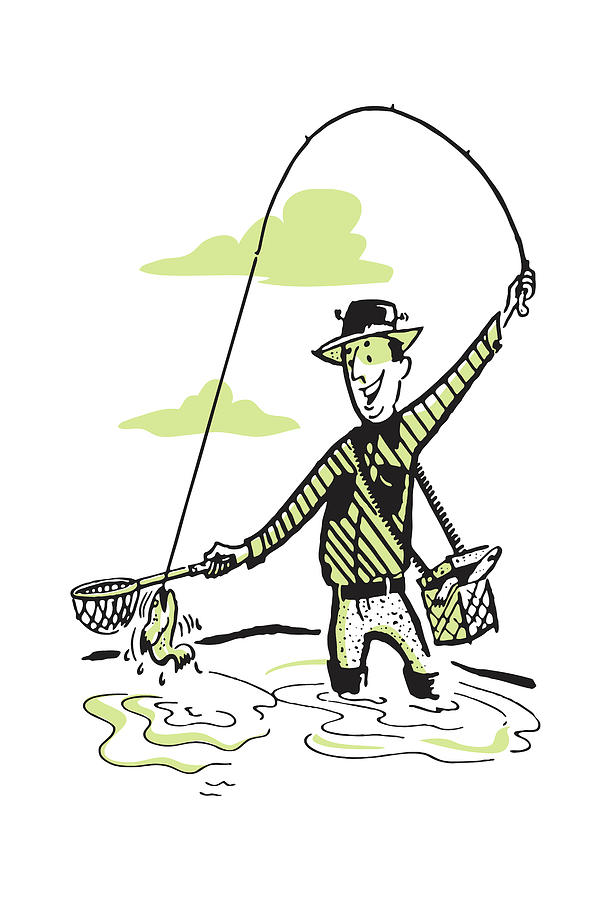 Fish Drawing - Man Flyfishing Catches a Big One by CSA Images
