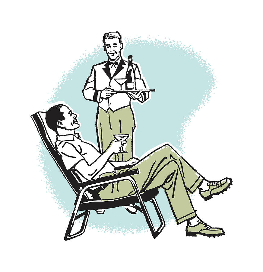 Martini Drawing - Man Getting Cocktail Service While in Lawn Chair by CSA Images