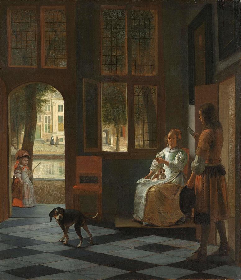 Man Handing a Letter to a Woman in the Entrance Hall of a House. Het aanreiken van een brief in e... Painting by Pieter De Hooch