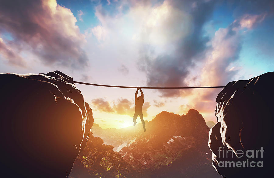 Man Hanging On Rope Between Two High Mountains Photograph