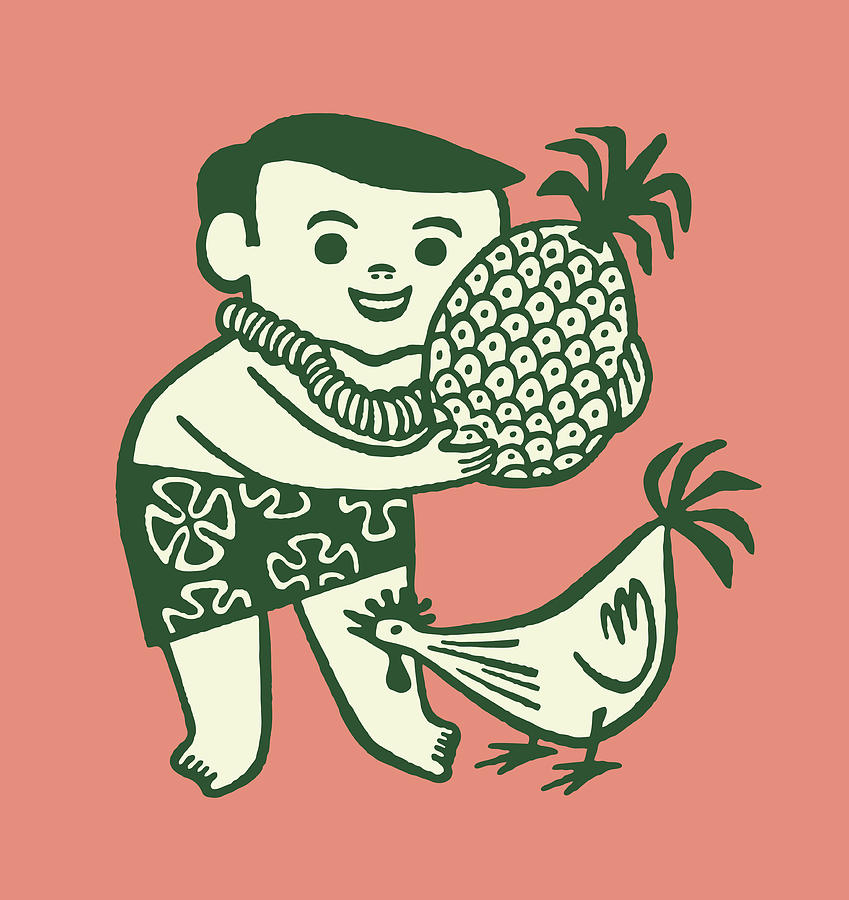 Chicken Drawing - Man Holding a Pineapple and chicken by CSA Images
