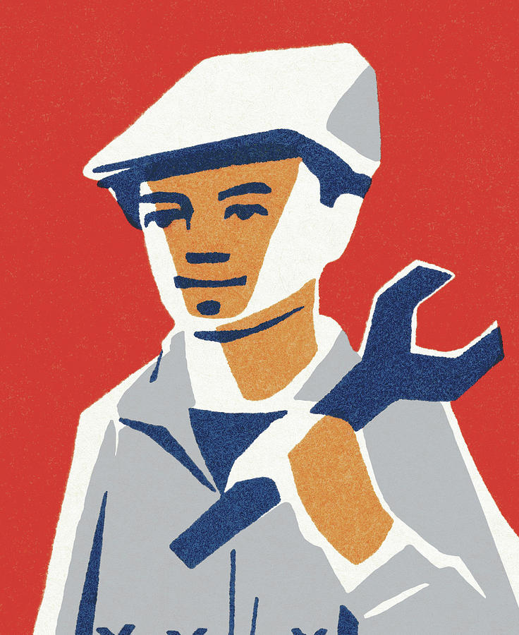 Vintage Drawing - Man Holding a Wrench by CSA Images