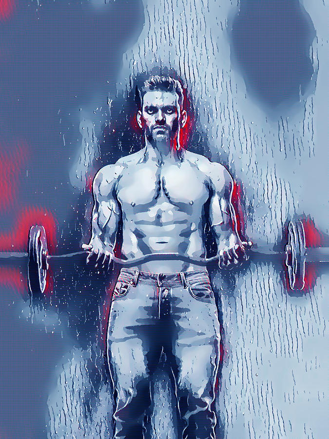 Man Holding Barbell  Painting by Jeelan Clark