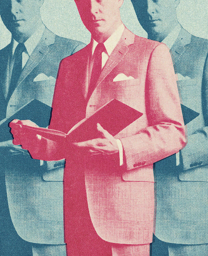 Vintage Drawing - Man Holding Open Book Repeated by CSA Images