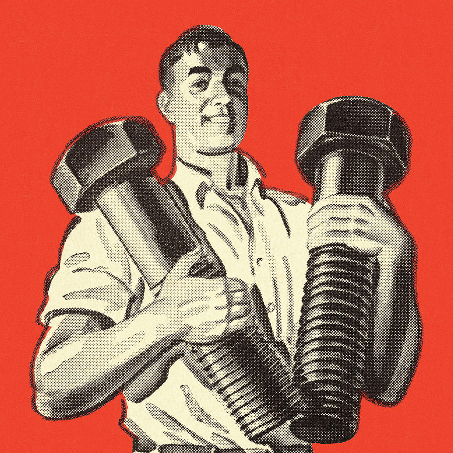 Vintage Drawing - Man Holding Two Giant Bolts by CSA Images