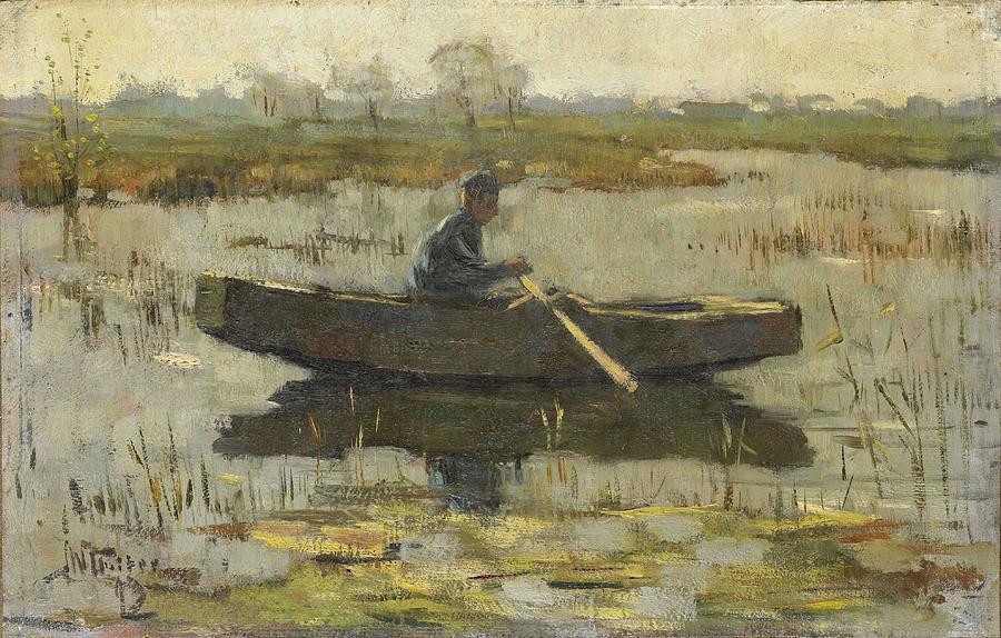 Man in a rowing boat. Painting by Herman Wolbers -1856-1926-