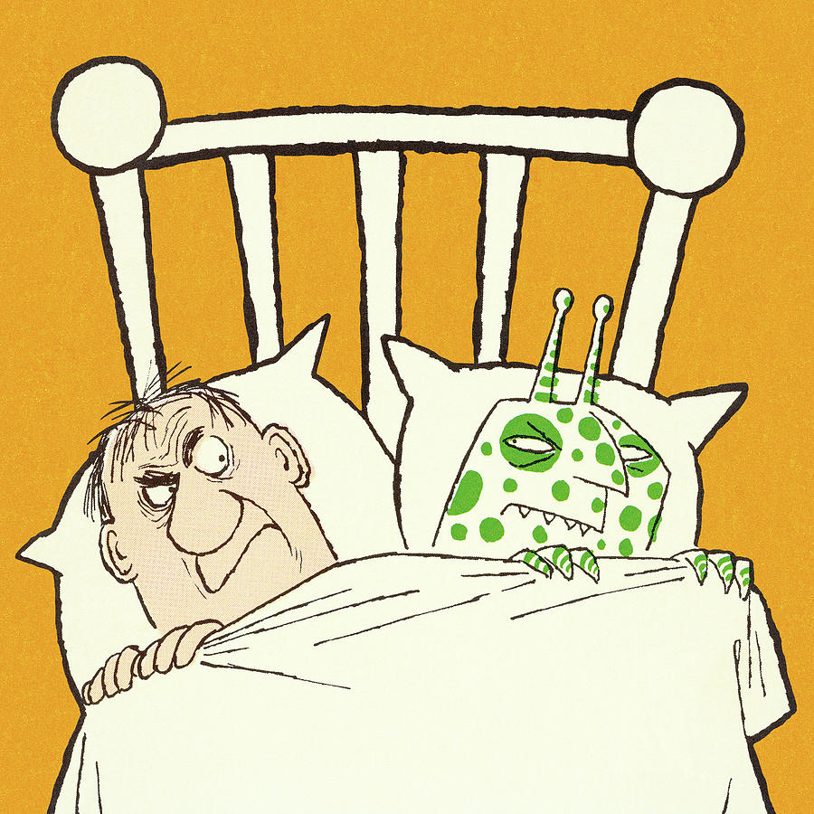 Vintage Drawing - Man in Bed with an Alien by CSA Images