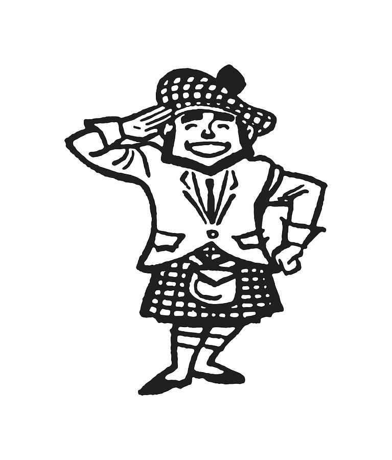 Black And White Drawing - Man in Kilt Saluting by CSA Images