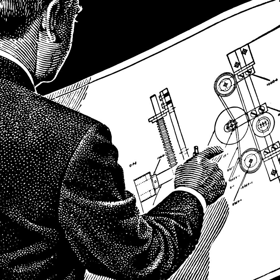 Black And White Drawing - Man Looking at Blueprints by CSA Images