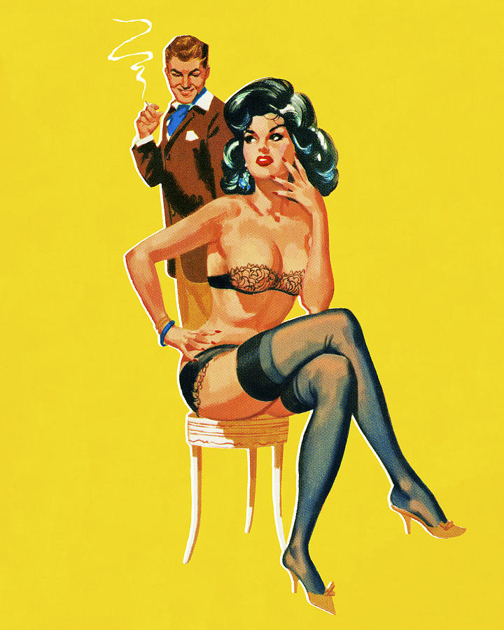 Vintage Drawing - Man Looking at Seductive Woman by CSA Images