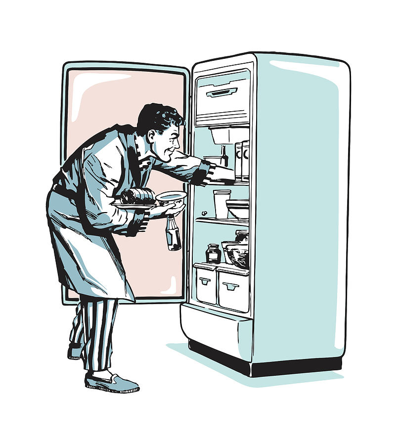 Vintage Drawing - Man Looking for Food in Open Refrigerator by CSA Images