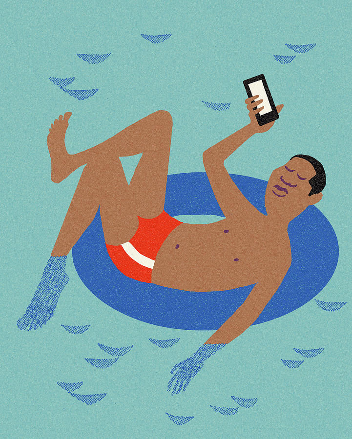 Summer Drawing - Man Lounging on Innertube in Swimming Pool by CSA Images
