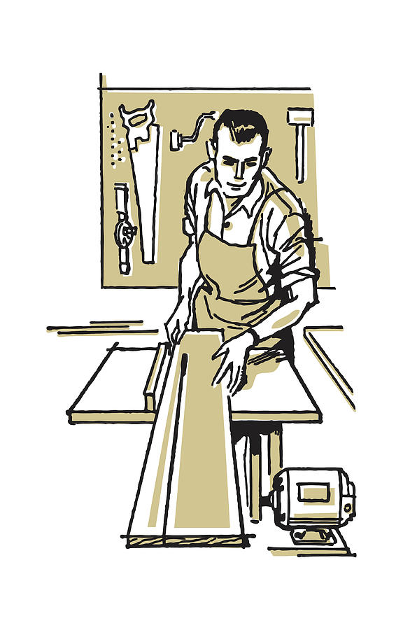 Vintage Drawing - Man Measuring Wood in Tool Room by CSA Images