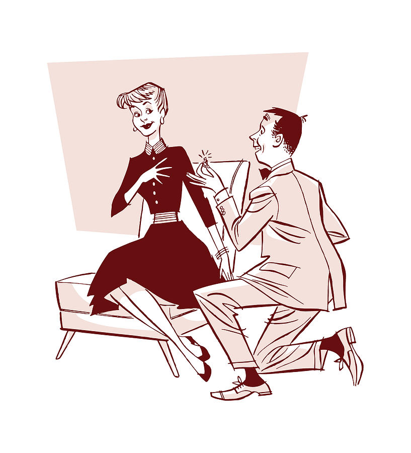 Vintage Drawing - Man on Knees Proposing to Woman by CSA Images