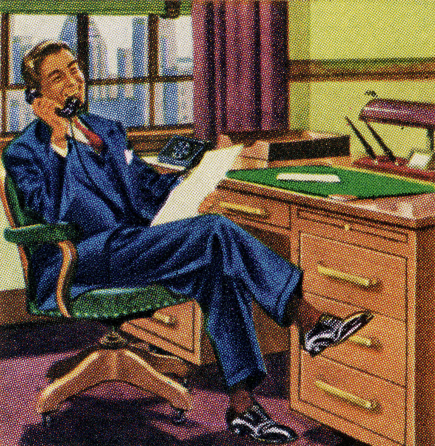 Vintage Drawing - Man on The Phone at His Desk by CSA Images