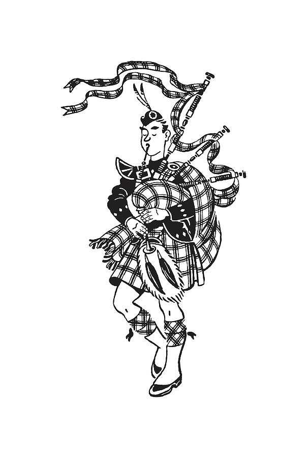 Black And White Drawing - Man Playing Bagpipes by CSA Images