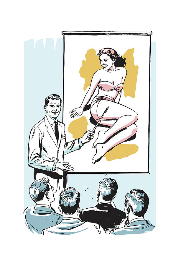 Hollywood Drawing - Man Presenting to a Group and Pointing to Image of a Woman in a Bikini by CSA Images