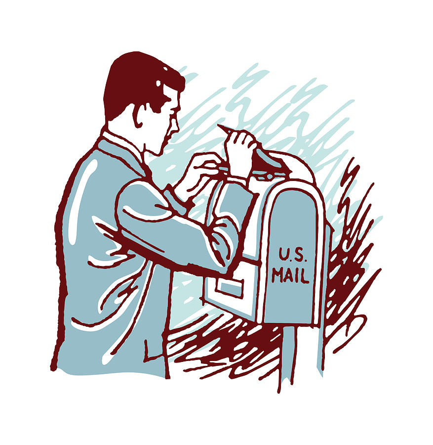 Vintage Drawing - Man Putting Mail in Mailbox by CSA Images
