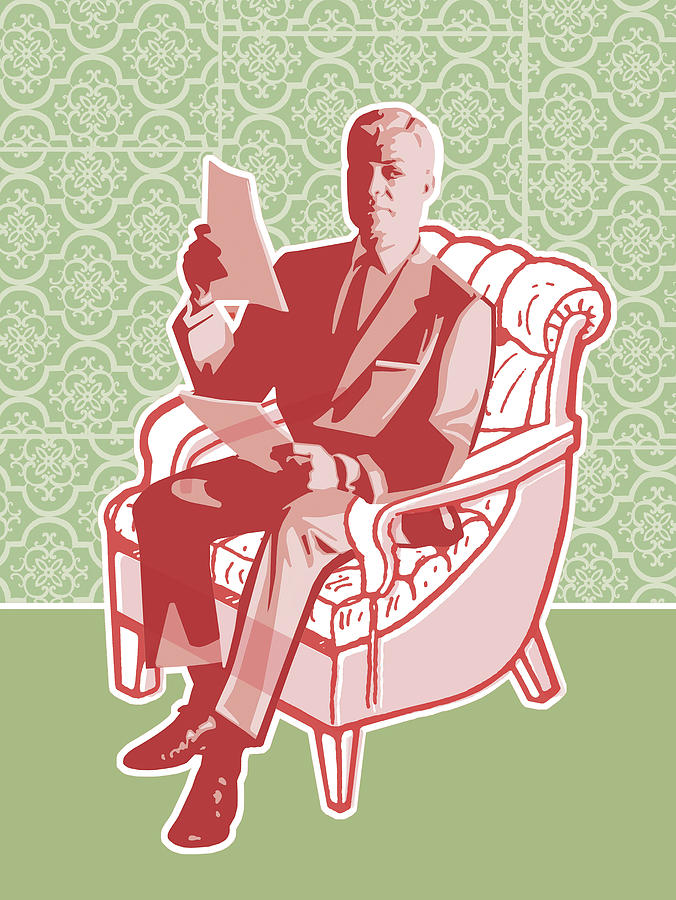 Vintage Drawing - Man Reading a Document in Chair by CSA Images