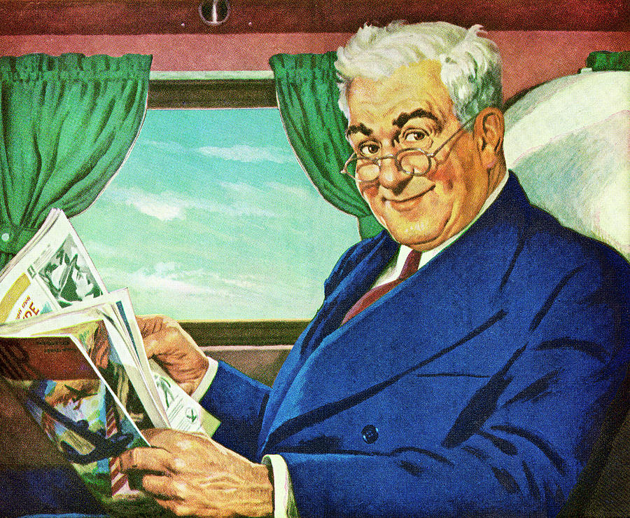 Transportation Drawing - Man Reading Magazine on Train by CSA Images