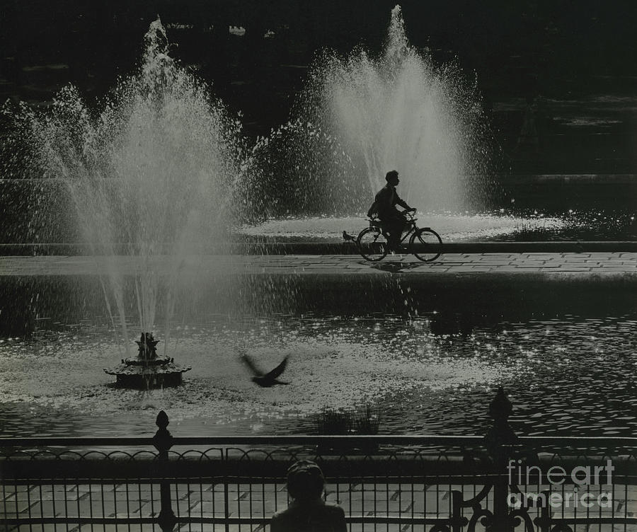 Man Riding A Bike Through A Path Between Two Fountains In A Park Photograph by English School