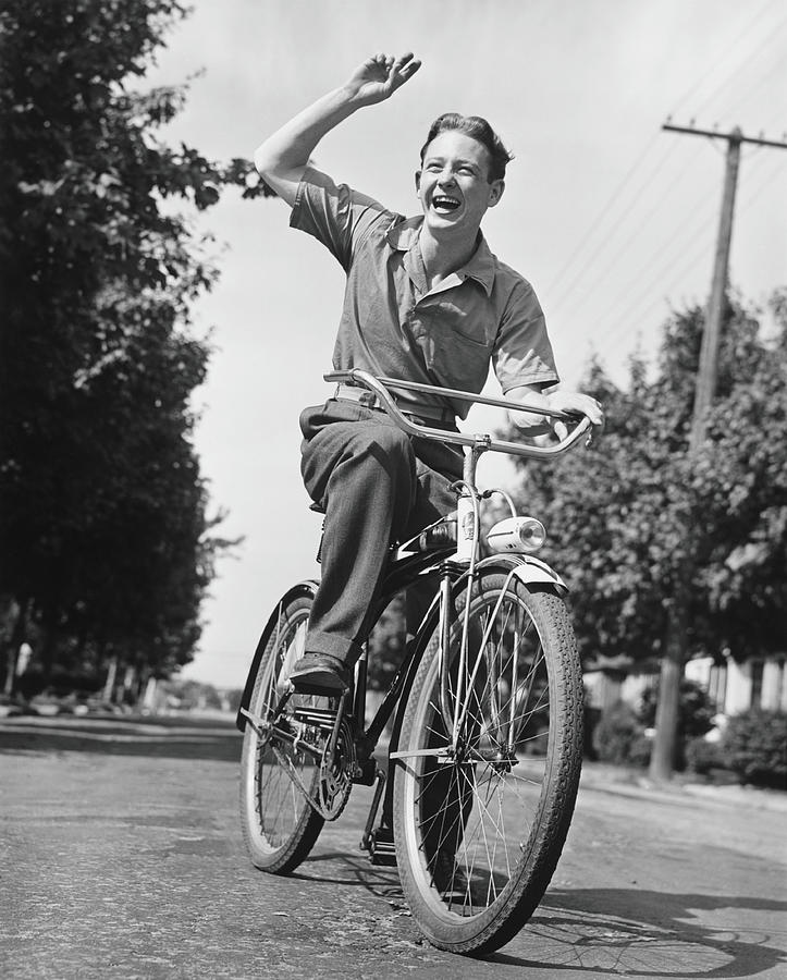 Man Riding Bicycle, Waving, B&w Photograph by George Marks