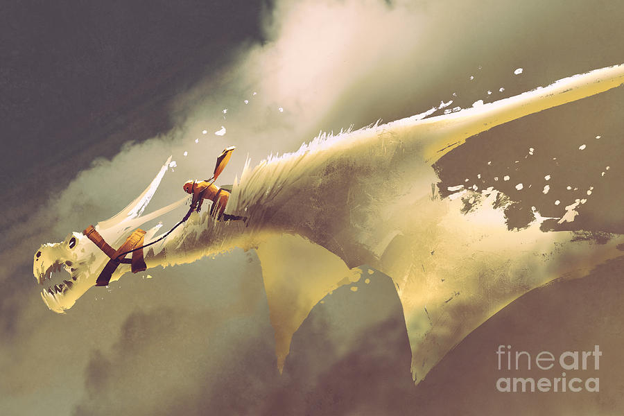 Man Riding On The White Flying Dragon Digital Art By Tithi Luadthong