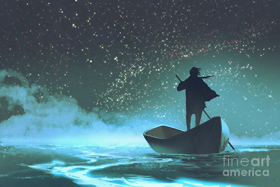 Scenery Digital Art - Man Rowing A Boat In The Sea by Tithi Luadthong