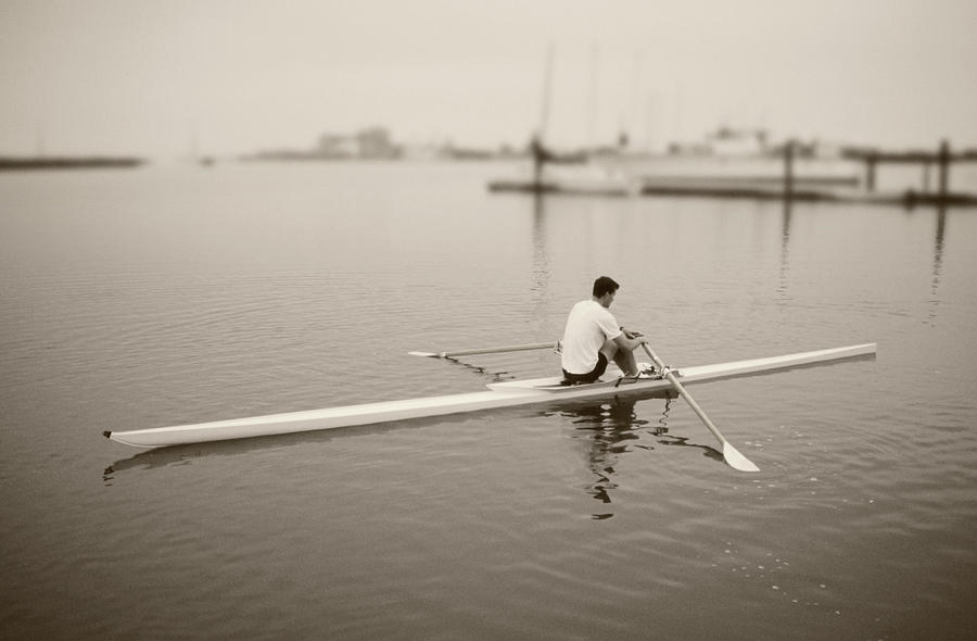 Man Rowing A Single Scull Toned B&w Photograph by David Madison