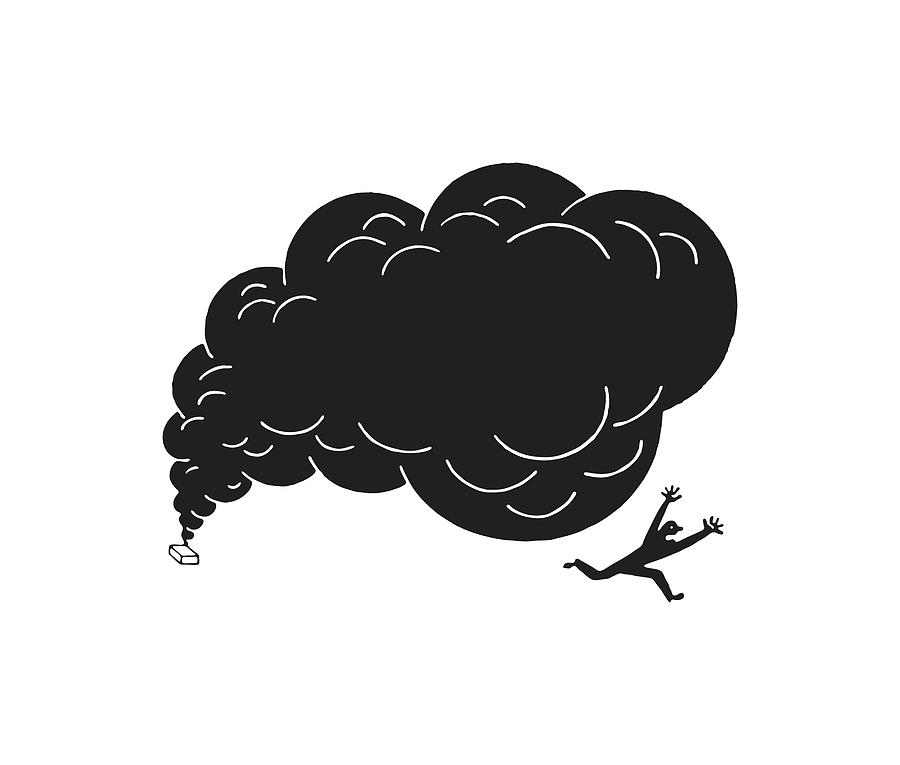 Black And White Drawing - Man Running from Smoking Package by CSA Images