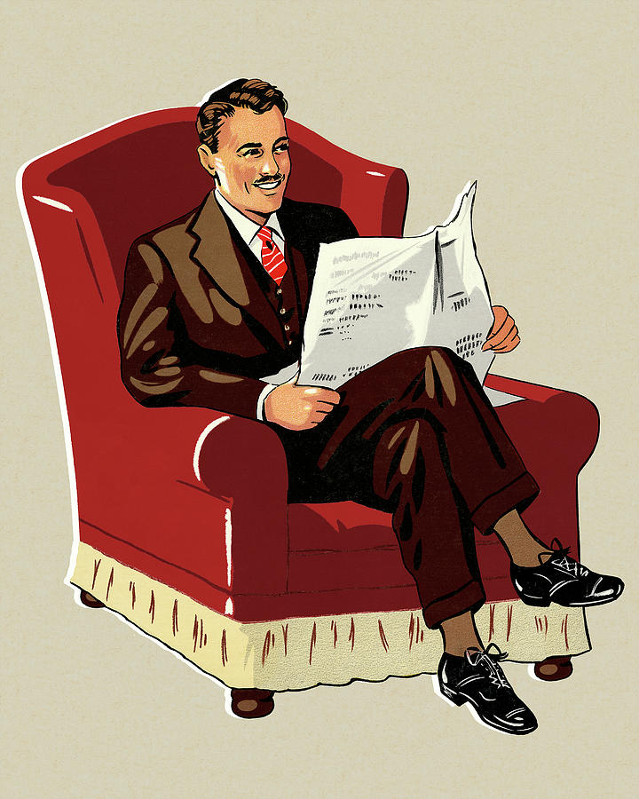 Vintage Drawing - Man Sitting in a Chair Reading a Newspaper by CSA Images