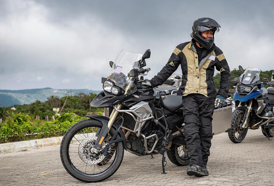 Man Standing Next To His Adventure Motorbike On Road Trip In Cambodia ...