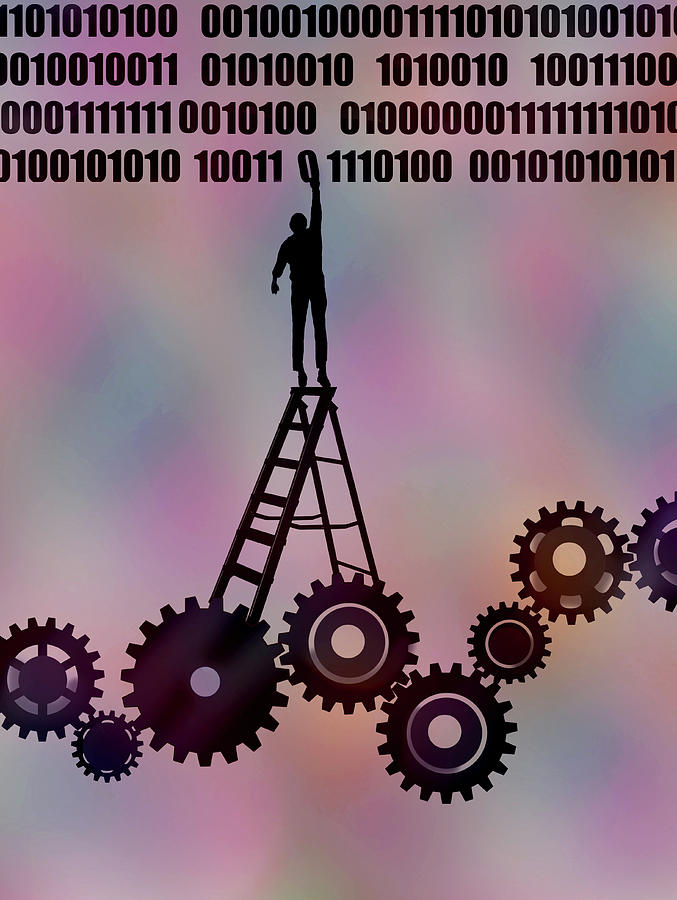 Man Standing On Ladder On Top Of Cogs Photograph by Ikon Images