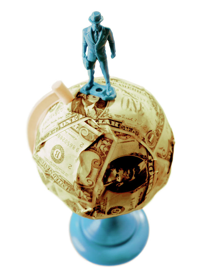 Vintage Drawing - Man Standing on Money Globe by CSA Images