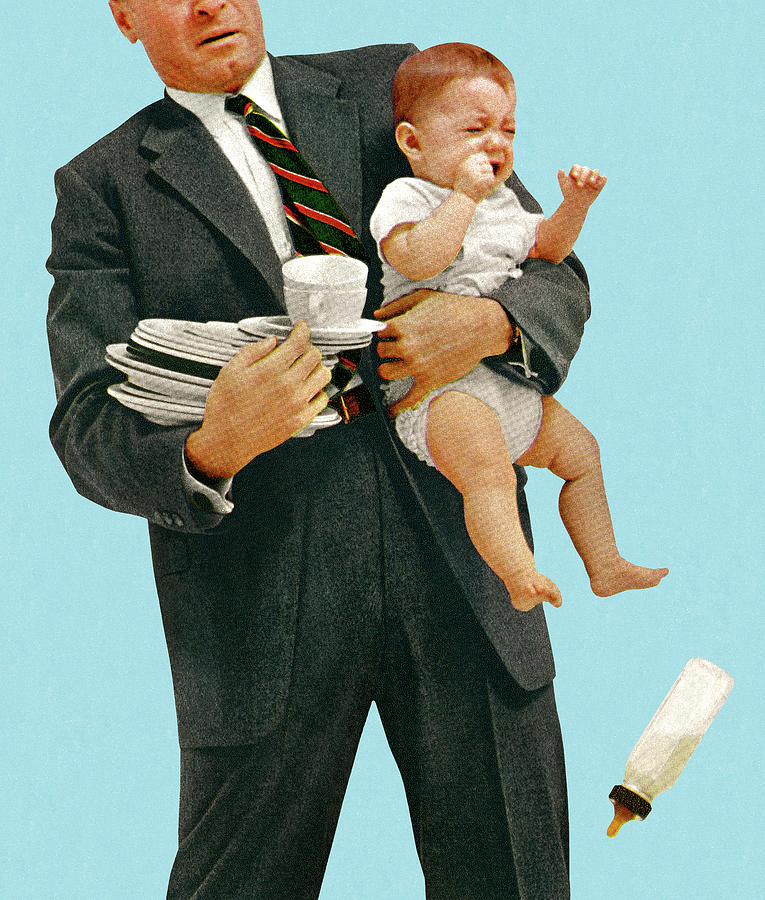 Vintage Drawing - Man Struggling to Hold Baby and Dishes by CSA Images
