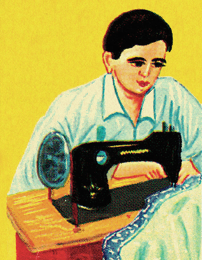 Vintage Drawing - Man Using a Sewing Machine by CSA Images