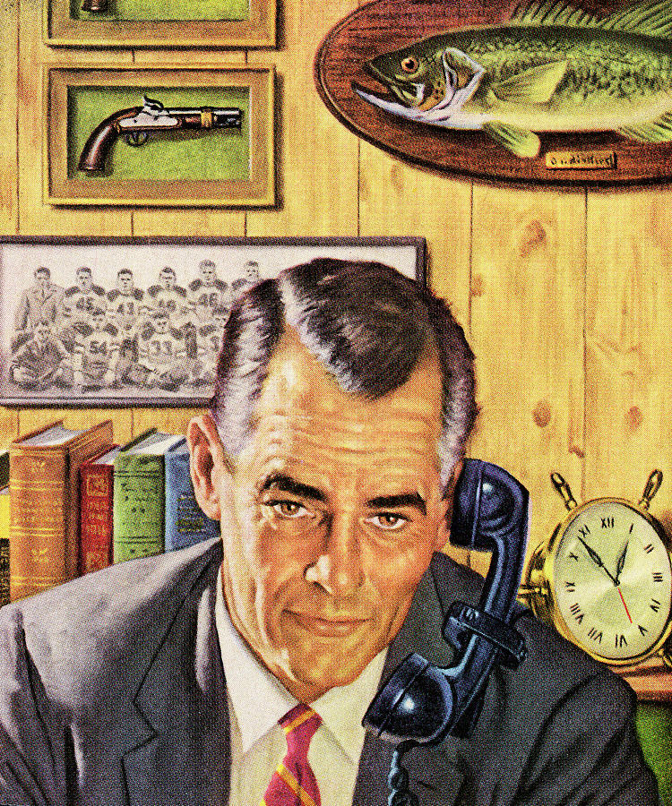 Vintage Drawing - Man Using Telephone in Office by CSA Images