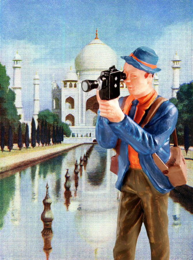 Vintage Drawing - Man With Camera in Front of the Taj Mahal by CSA Images