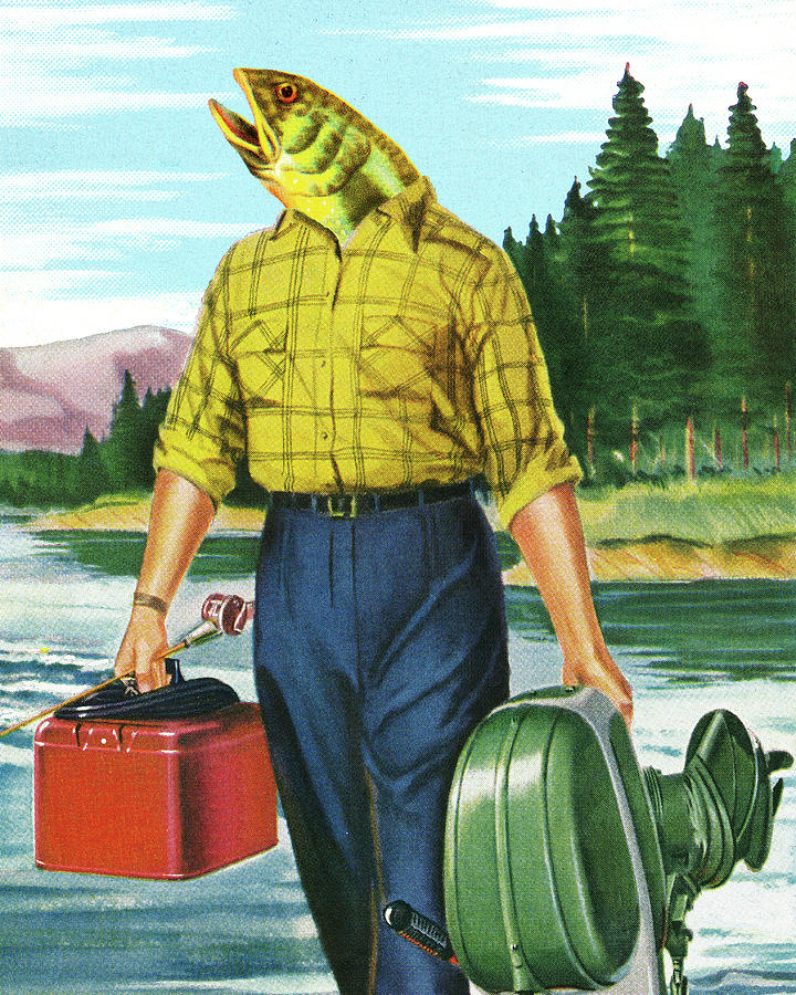 Fish Drawing - Man with Fish Head Carrying Motor and Gas Can by CSA Images