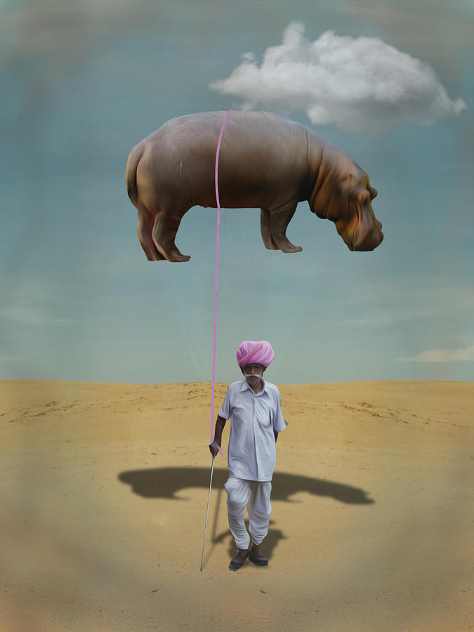 Man With Flying Hippopotamus In Desert Digital Art