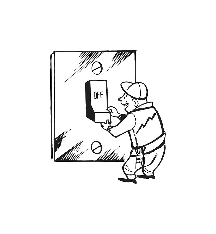 Black And White Drawing - Man with Giant Light Switch Turned Off by CSA Images