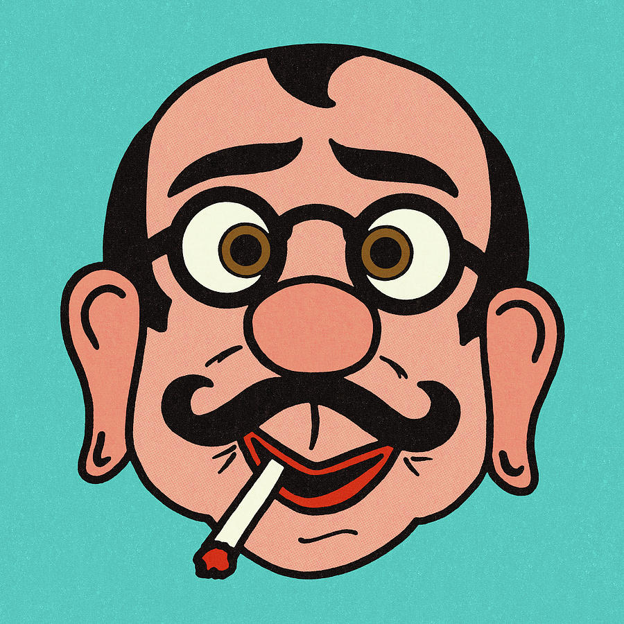 Vintage Drawing - Man with Glasses and Mustache Smoking a Cigarette by CSA Images