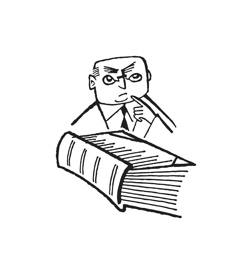 Black And White Drawing - Man With Hand on Chin Behind Large Book by CSA Images