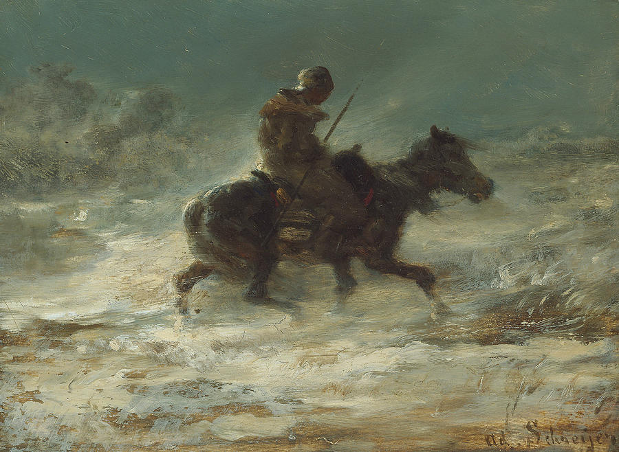 Man with Lance Riding through the Snow Painting by Adolphe Schreyer