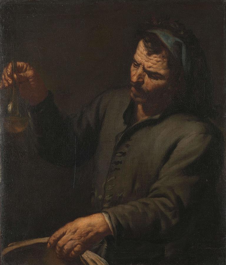 Man with Urine Bottle in his Hand. Painting by Antonio Zanchi -attributed to-