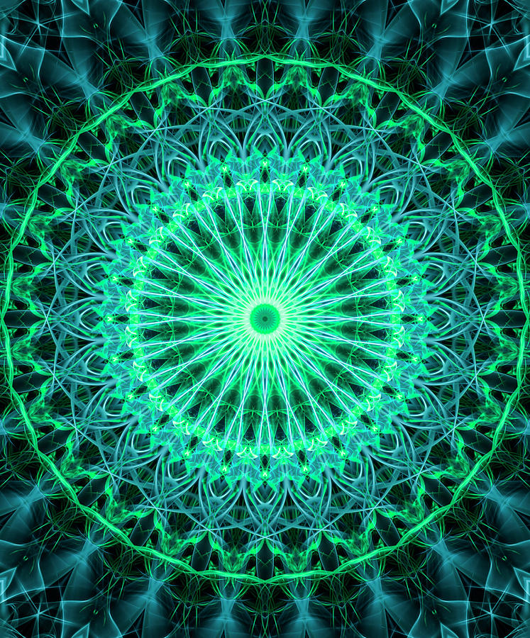 Mandala in neon green and light blue tones Digital Art by Jaroslaw Blaminsky