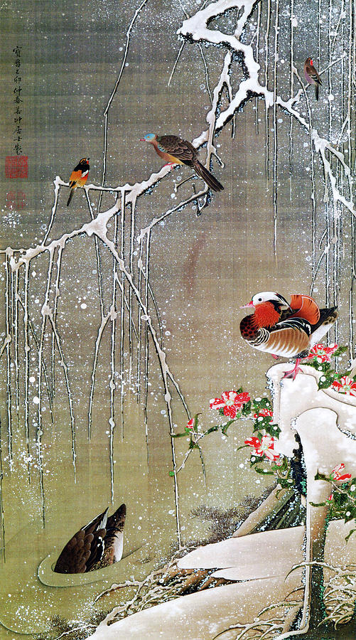 Mandarin Ducks in Snow - Digital Remastered Edition Painting by Ito Jakuchu