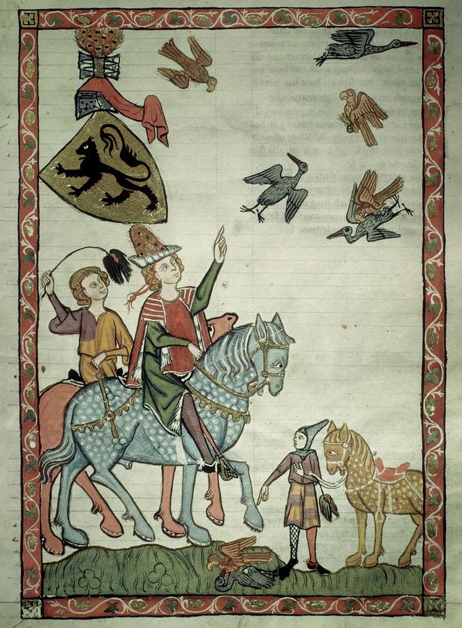 Manesse codex 1305-40. German manuscript, Emperor Henry III of Meissen -1017-56- hunting with fal... Painting by Album