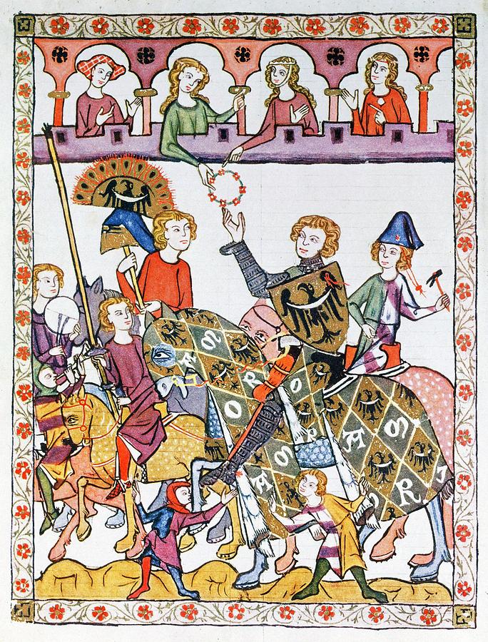 Manesse Codex -1305-40- German manuscript. Prince Henry of Breslau victor of tournament receives ... Painting by Album