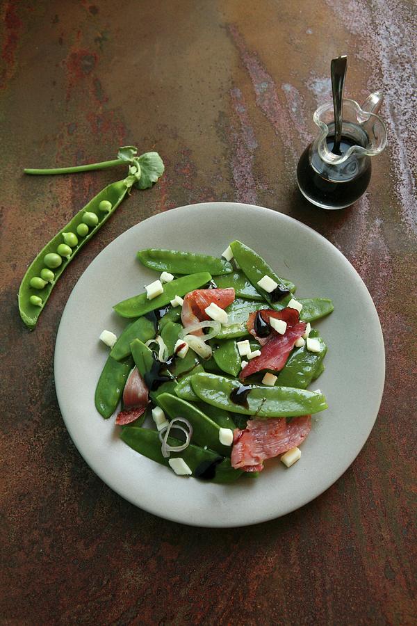 Mange Tout Salad With Ham, Mozzarella, Onions And Balsamic Sauce Photograph by Viola Cajo